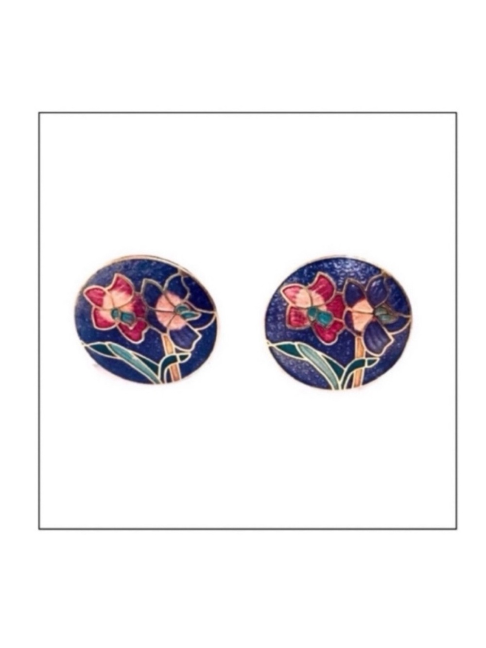 Vintage Cloisonné Floral Enameled Disc Earrings